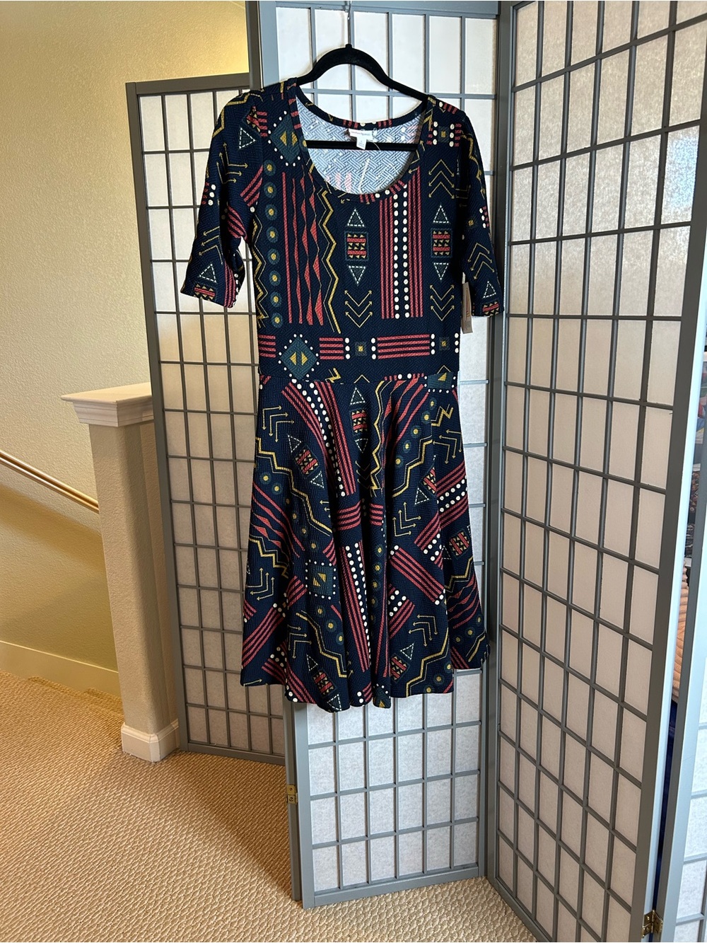 NWT LuLaRoe Nicole Black Scoop Neck Midi Dress with Red and Yellow Accents